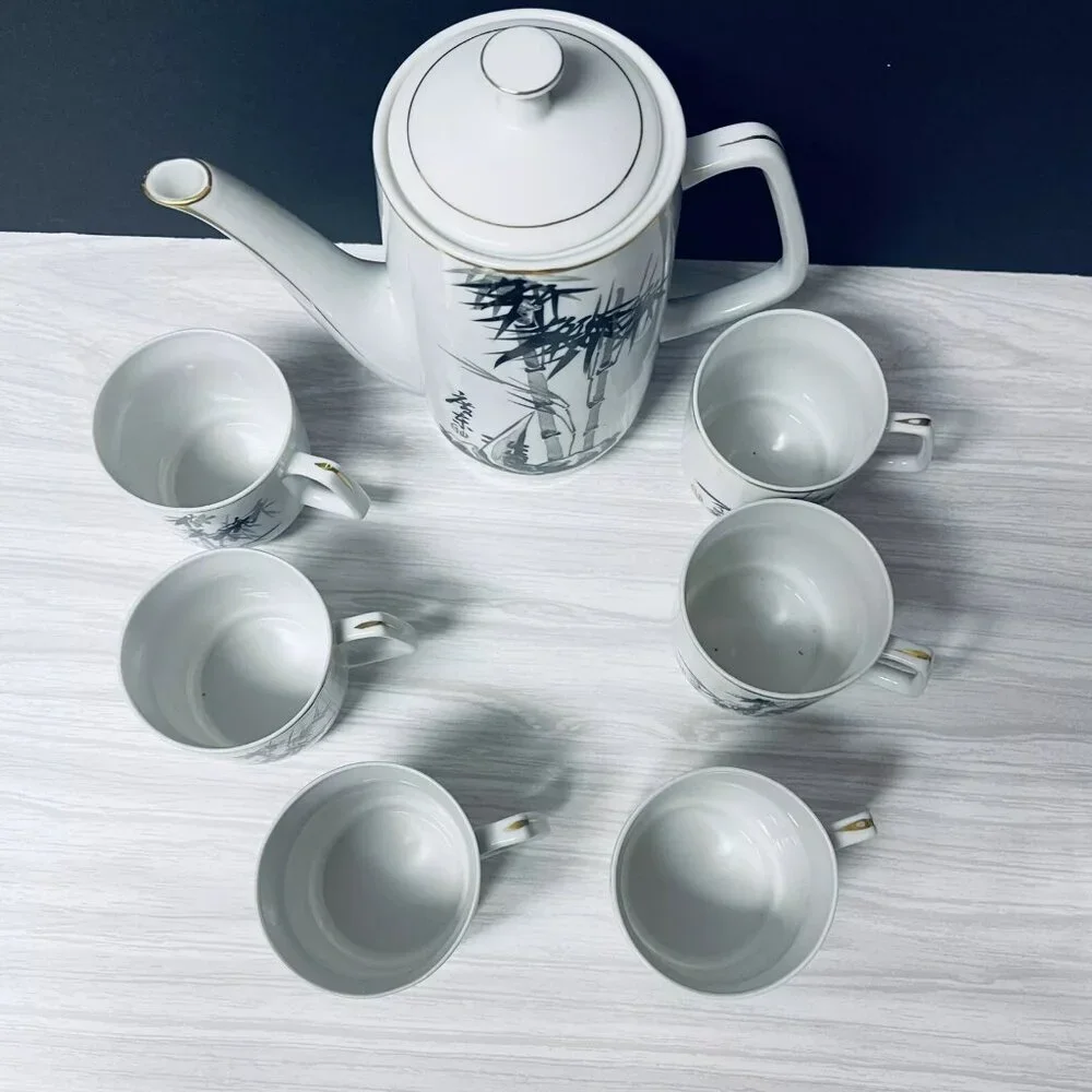 Vintage Japanese Saki Tea Pot Porcelain 6 Cups Set Gold Trim Bamboo